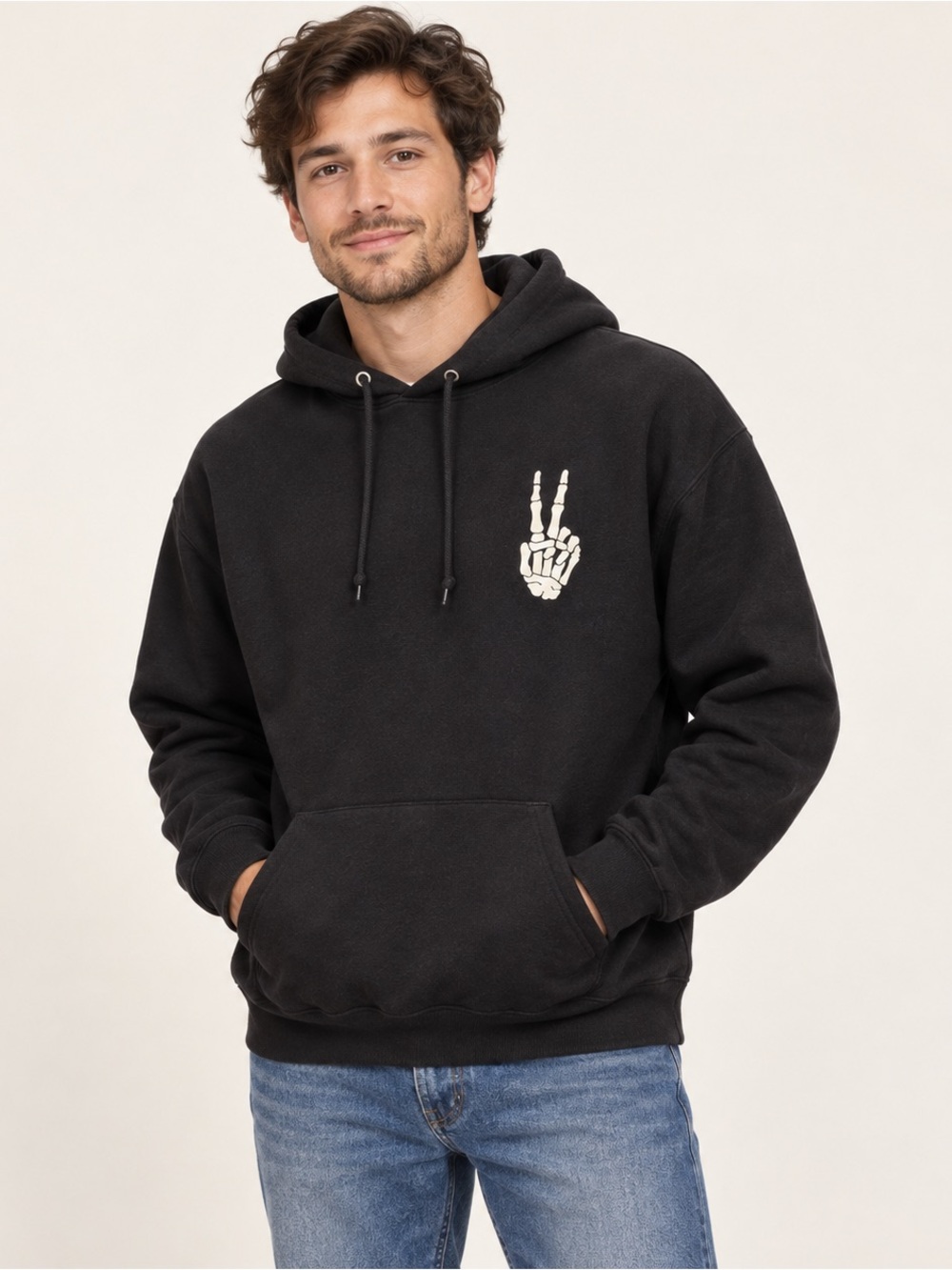 Bowery Supply Co Skeleton Peace Sign Hoodie Black Size M Streetwear